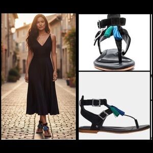 UGG Lecia Suede and Leather Black Sandals with Tassel/Fringe Accents Boho 6.5W